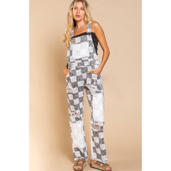 POL Denim - POL Black & White Distressed Patchwork Checker Pattern Overalls